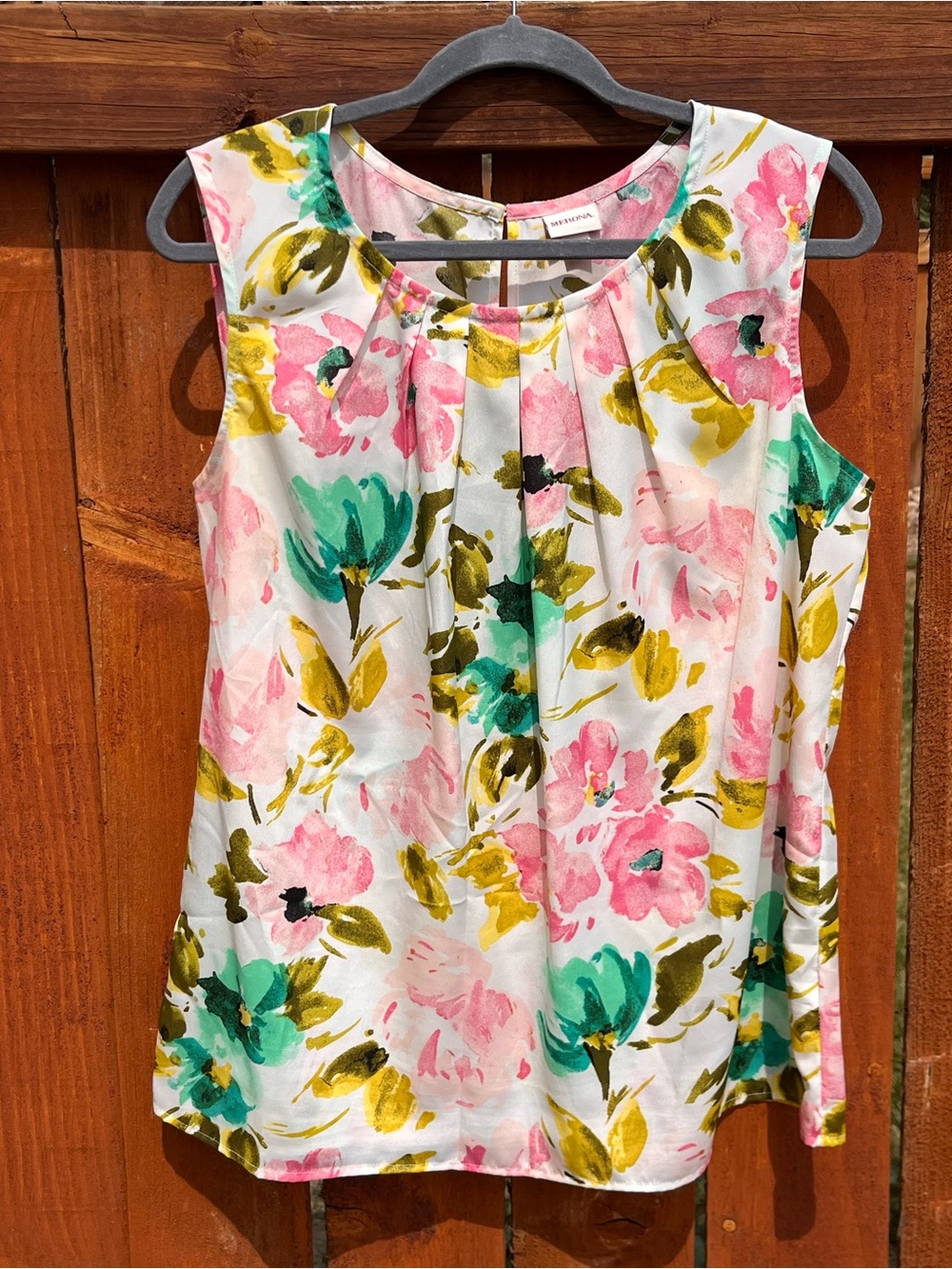 Merona Floral Watercolor Sleeveless Blouse in Pink, Teal & Mustard
